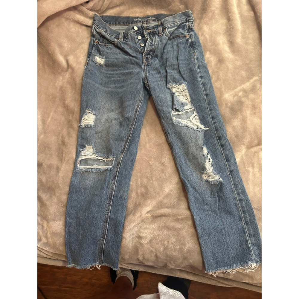 Women's Old Navy Blue Distressed High-Rise Slouchy Straight Jeans Size 4